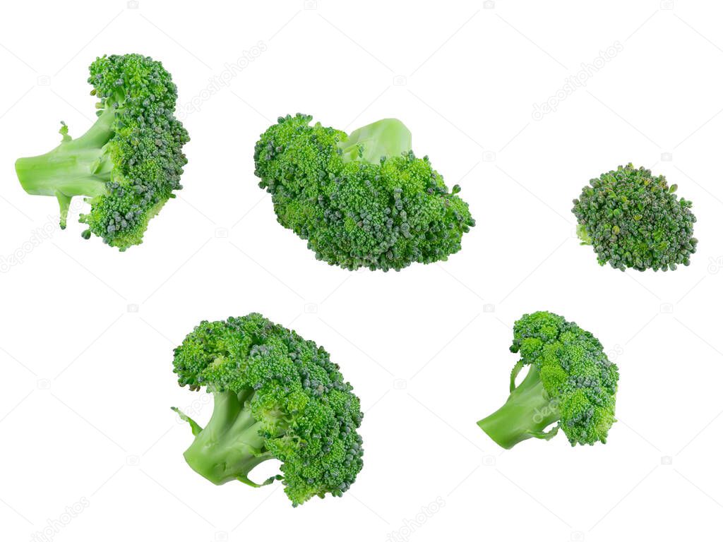 Five fresh broccoli isolated on white background with copy space for text or images. Edible vegetable with large flowering head. Side view. Close-up.