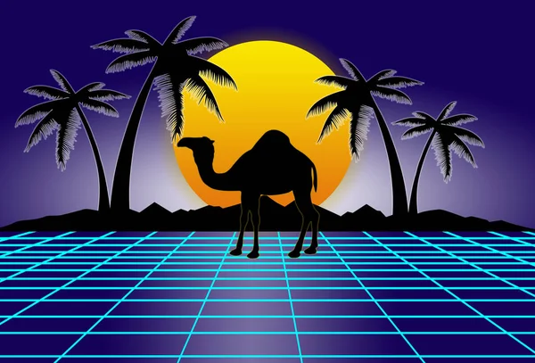 Sci-fi des années 80, fond bleu avec coucher de soleil jaune derrière montagnes noires, palmiers et chameaux. Illustration futuriste ou modèle d'affiche. — Photo