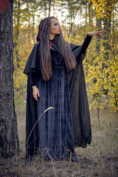 Langhaarige Hexe in schwarz, langes Kleid mit Umhang und Kapuze. Posieren im Kiefernwald zwischen Bäumen. Zauber, Magie und Hexerei. Ganzes Porträt. — Stockfoto
