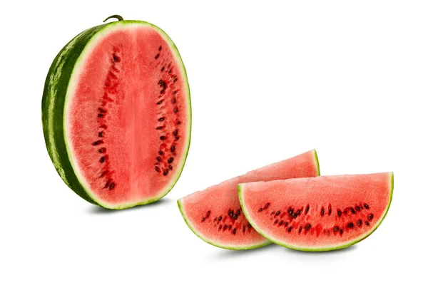 Green, striped watermelon with two slices isolated on white, copy space for text, images. Cross-section. Berry, pink flesh, black seeds. Close-up. — Stock Photo, Image