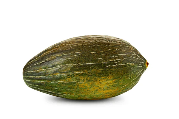 Beyaz arkaplanda izole edilmiş yeşil tendral kavun metin veya resimler için kopyalama alanı var. Yan görüş. Yakın çekim..