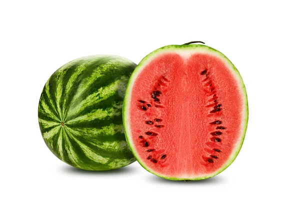 Green, striped watermelon with half isolated on white with copy space for text, images. Cross-section. Berry with pink flesh, black seeds. Close-up. — Stock Photo, Image