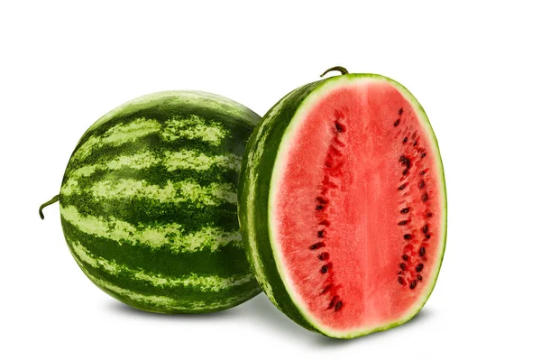 Green, striped watermelon with half isolated on white with copy space for text, images. Cross-section. Berry with pink flesh, black seeds. Close-up. — Stock Photo, Image