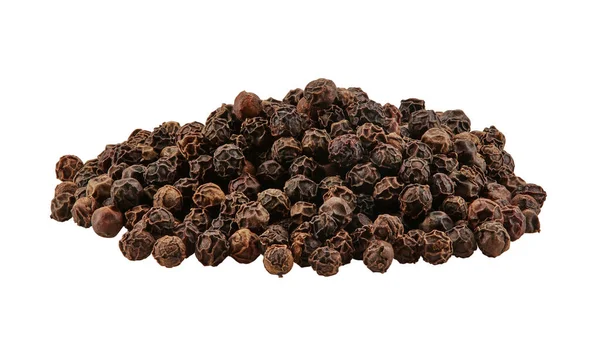 Peppercorns negros aislados sobre fondo blanco con espacio de copia para texto o imágenes. Especias y hierbas. Concepto de empaquetado. Vista lateral y estrecha. —  Fotos de Stock