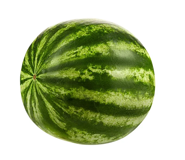Zelený, pruhovaný meloun izolovaný na bílém pozadí s kopírovacím prostorem pro text nebo obrázky. Boční pohled. Detailní záběr. — Stock fotografie