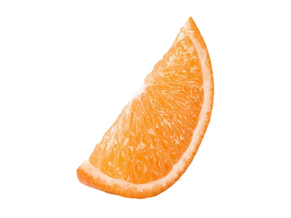 Skiva av en mogen orange isolerad på vit bakgrund med kopieringsutrymme för text eller bilder. Frukt med saftigt kött. Sidovy. Närbild. — Stockfoto