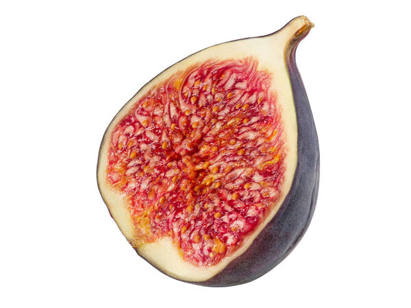 Half of a purple fig isolated on white background with copy space. Soft, sweet fruit, skin is thin, red flesh has many seeds inside of it. Close-up.