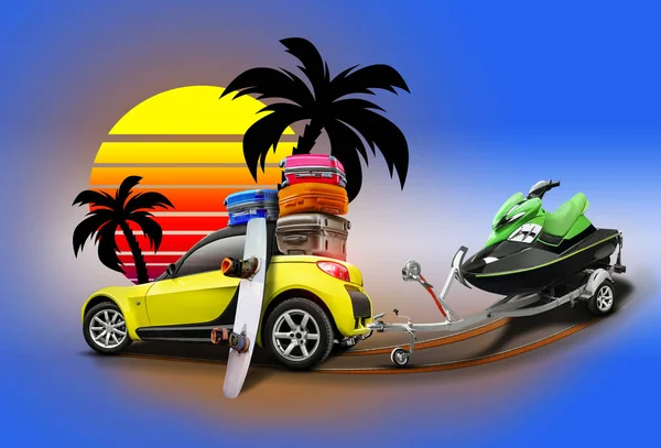 Yellow car with suitcases on roof and wakeboard leaning on it, trailer with jet ski, palms and sun on blue background. Collage. Copy space, close-up. — 스톡 사진