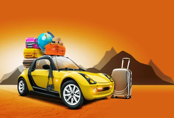 Gelbes Auto mit Globus, Hut, Sonnenbrille, Kamera, bunten Koffern auf dem Dach, Bergen, orangefarbenem Hintergrund. Collage. Kopierraum, Nahaufnahme. — Stockfoto