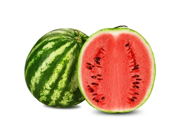 Green, striped watermelon with half isolated on white with copy space for text, images. Cross-section. Berry with pink flesh, black seeds. Close-up. — Stock Photo, Image