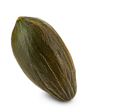 Beyaz arkaplanda izole edilmiş yeşil tendral kavun metin veya resimler için kopyalama alanı var. Yan görüş. Yakın çekim..