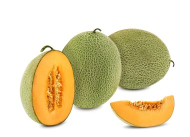 Enine kesitli nefis kavun, beyaz arkaplanda izole edilmiş metin ve görüntüler için fotokopi alanı. Yan görüş. Yakın çekim..