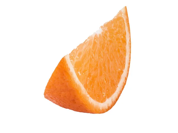 Scheibe einer reifen Orange isoliert auf weißem Hintergrund mit Kopierraum für Text oder Bilder. Frucht mit saftigen Fruchtfleisch. Seitenansicht. Nahaufnahme. — Stockfoto
