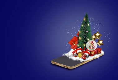 Mavi arka planda akıllı telefon. Noel ağacı, hediye kutuları, altın yıldız şeklinde balonlar, üstünde kar küresi. Kolaj. Boşluğu kopyala, yakın plan.