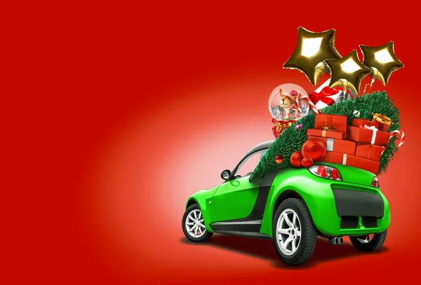 Green car on red background. Christmas tree, present boxes, balloons in form of golden stars, snow globe on roof. Collage. Copy space, close-up. — Stock Photo, Image