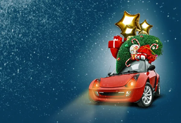 Orange car on blue background. Its snowing. Christmas tree, present boxes, balloons, snow globe, candies on roof. Collage. Copy space, close-up. — Stock Photo, Image