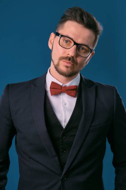 Young business man in classic black suit, white shirt, red bow-tie and glasses. Posing against blue studio background. Mock up, copy space. Close-up.