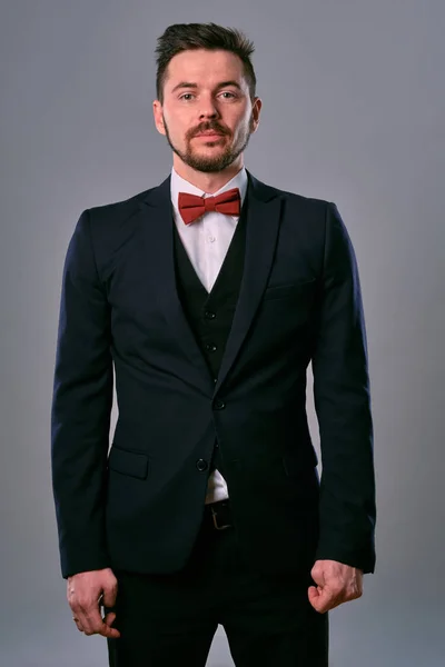 Young business man in classic black suit, white shirt and red bow-tie. Posing against a gray studio background. Mock up, copy space. Close-up. — ストック写真