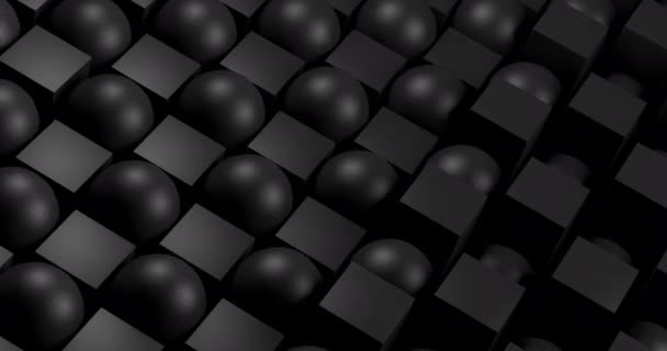 Animation 3D. Caméra se déplaçant autour des sphères noires et des cubes ou des boîtes qui se déplacent aléatoirement, montant et descendant. Boucle sans couture. Gros plan — Video