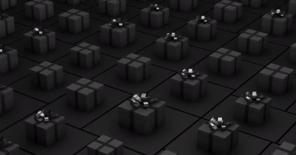 Animacja 3D. Czarne pudełka ze wstążką i bez niej. Porusza się losowo, wznosi się w górę i w dół, płynna pętla. Zamknij się. — Wideo stockowe