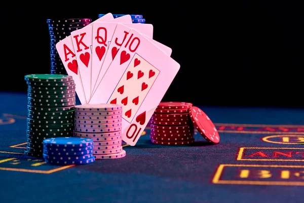 Winning Combination Poker Standing Leaning Colorful Chips Piles Blue Cover — Stock Photo, Image