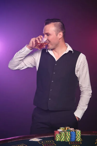 Good Looking Mature Man White Shirt Black Waistcoat Drinking Whiskey — Stock Photo, Image