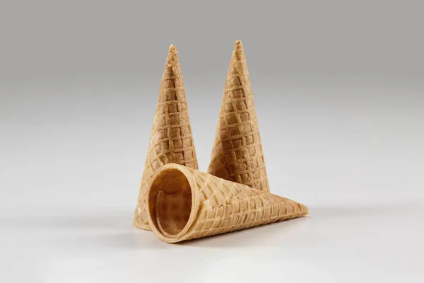 Three Empty Tasty Wafer Cones Ice Cream Isolated White Background — Stock Photo, Image