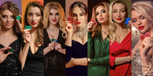 Collage Von Hinreißenden Frauen Mit Hellem Make Und Frisuren Stilvollen — Stockfoto