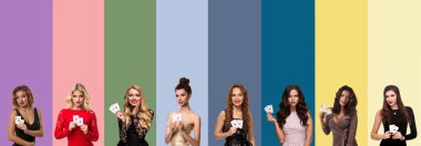 Parlak makyajlı, saç stili, şık elbiseli ve takılı muhteşem kadınların kolajı. Renkli arka planlara karşı poz verirken fiş gösteriyorlar. Kumar, poker, kumarhane. Yakın plan.