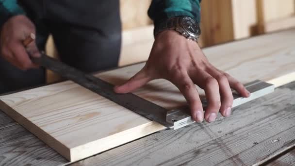 Αρσενικά χέρια με χάρακα και μολύβι closeup. Επαγγελματίας ξυλουργός στην εργασία. — Αρχείο Βίντεο