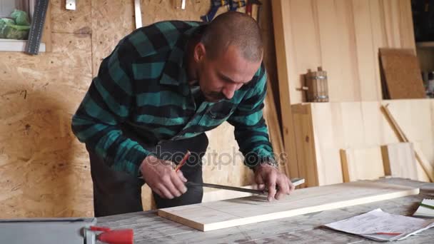 Cetvel ve kalem kapaklı erkek eller. Profesyonel marangoz iş başında.. — Stok video