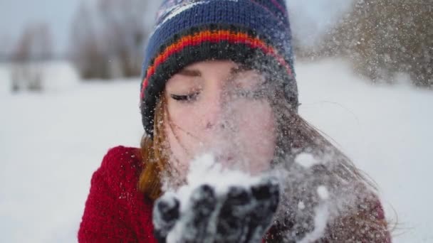 Hermosa joven sonriente invierno chica soplando nieve en el campo en super cámara lenta 120fps — Vídeos de Stock