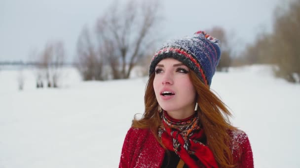 Πορτρέτο γυναίκας νέοι κοκκινομάλλα εισπνοή κρύου αέρα, χιόνι πεδίο — Αρχείο Βίντεο