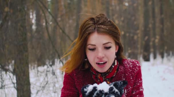 Hermosa joven sonriente invierno chica soplando nieve en el campo en super cámara lenta 120fps — Vídeo de stock