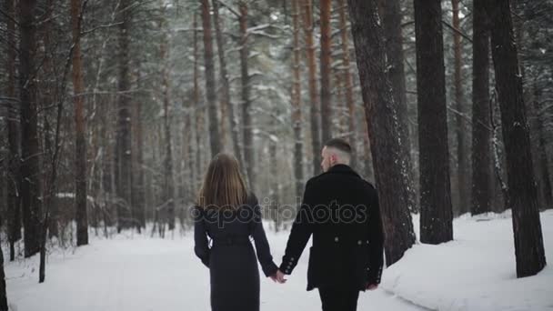 Красивая счастливая пара влюбленных гуляет по лесу, парень обнимает девушку — стоковое видео
