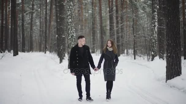 Młoda para korzystających chodzenie zimą w lesie — Wideo stockowe