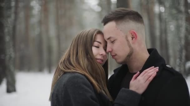 Coppia felice abbraccia e flirtare nella foresta invernale, sorridendo — Video Stock