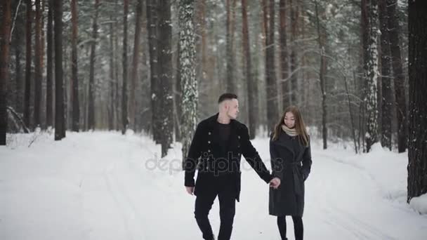 若いカップルの森で冬時間で楽しむウォーキング — ストック動画