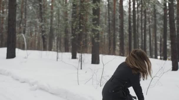 Adam ve kadın çift kartopu birbirleriyle birlikte bir kar kış ormanda atıyor — Stok video