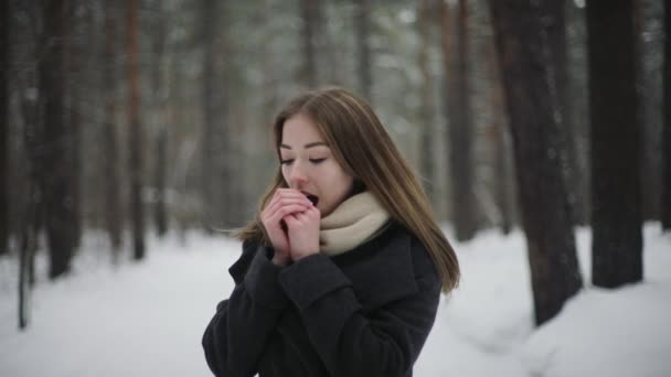 Soleado retrato de invierno al aire libre de la joven mujer atractiva de los años 20. Chica bonita sonriendo en invierno en el bosque — Vídeos de Stock