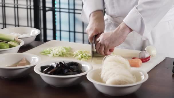 Proseffional chef hands is cutting celery on his own modern kitchen in slow motion 60fps — Stock Video