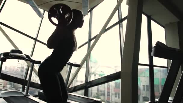 Silueta de una mujer deportiva está levantando la barra detrás de la ventana en un gimnasio — Vídeos de Stock