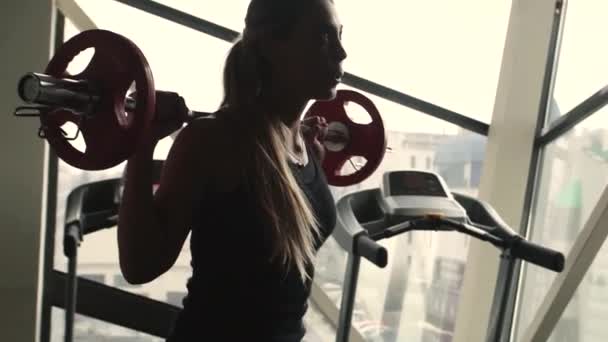 Σιλουέτα μιας sportive γυναίκας είναι η άρση barbell πίσω από παράθυρο σε ένα γυμναστήριο — Αρχείο Βίντεο