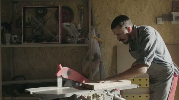 El carpintero está trabajando con tablón de madera en su taller. día soleado — Vídeos de Stock