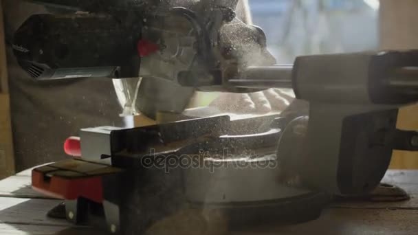 Close up circular saw saws wooden plank board with sawdust in backlight — Stock Video