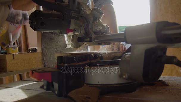Cierren las manos del carpintero usando sierra circular. máquina funciona con serrín en retroiluminación — Vídeos de Stock