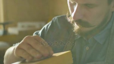 Bir ahşap tahta atölye içinde cila konsantre woodworker portresi losyonları