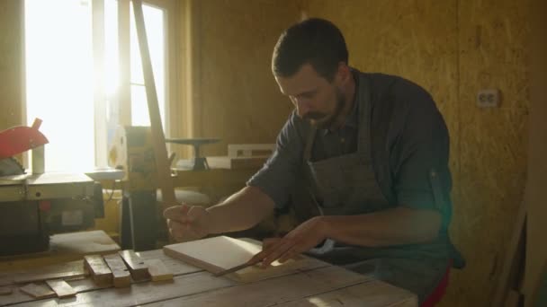20s γενειοφόρος άνθρωπος ξυλουργός βασιζόμενη σε ξύλινη σανίδα. ηλιόλουστη μέρα στο εργαστήριο — Αρχείο Βίντεο