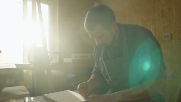20s γενειοφόρος άνθρωπος ξυλουργός βασιζόμενη σε ξύλινη σανίδα. ηλιόλουστη μέρα στο εργαστήριο — Αρχείο Βίντεο