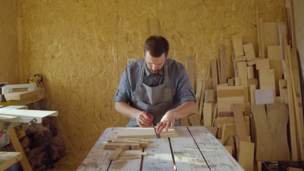 20s barbudo carpintero dibujo en taller en día soleado — Vídeos de Stock